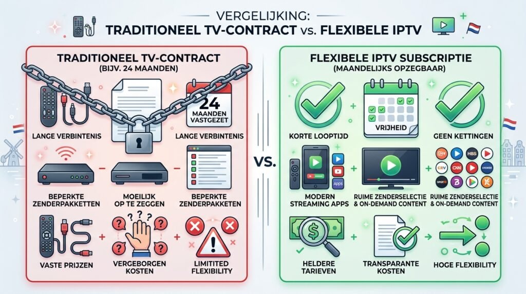IPTV zonder contract versus 
 kabel TV contract Nederland vergelijking