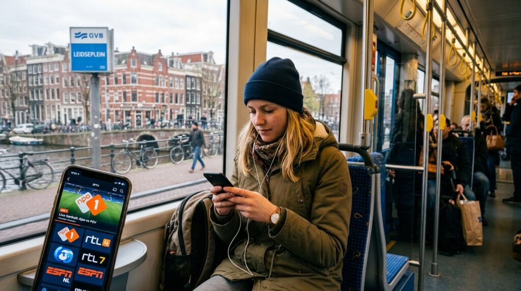 IPTV kijken op telefoon Nederland 
  onderweg tram Amsterdam 2026
