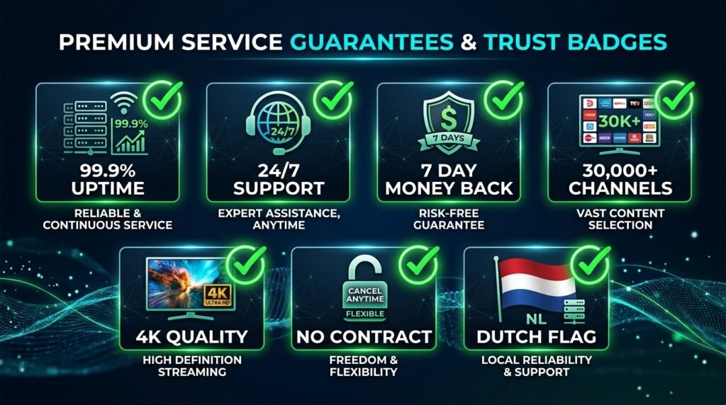 IPTV provider Netherlands trusted 
 99.9% uptime 4K 24/7 support