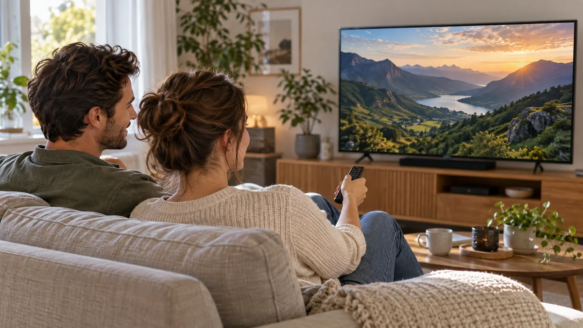 Twee volwassenen op een bank met een afstandsbediening, voor een televisie met een berglandschap en een meer.