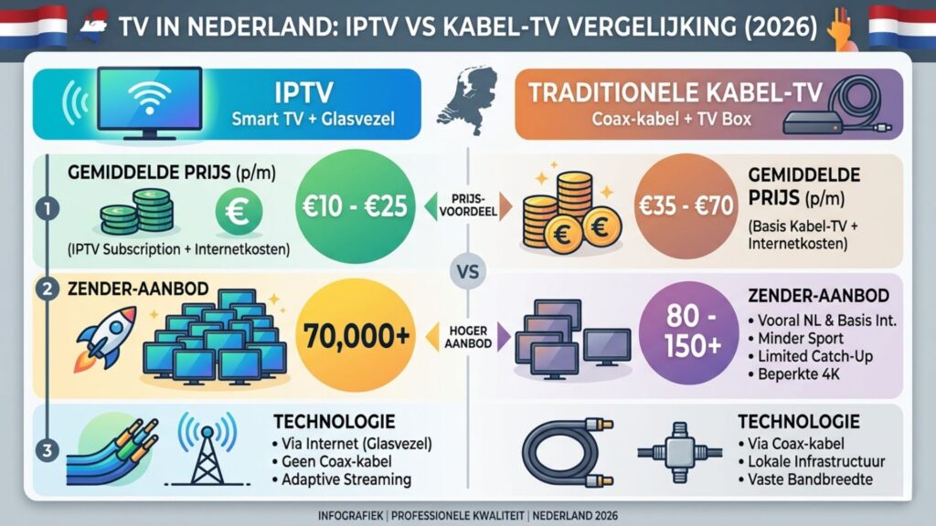 IPTV versus kabel TV Nederland 
              prijsvergelijking 2026