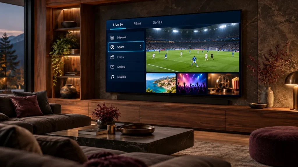 Illustratie van een moderne woonkamer met een televisie waarop een sportinterface en een voetbalwedstrijd te zien zijn.