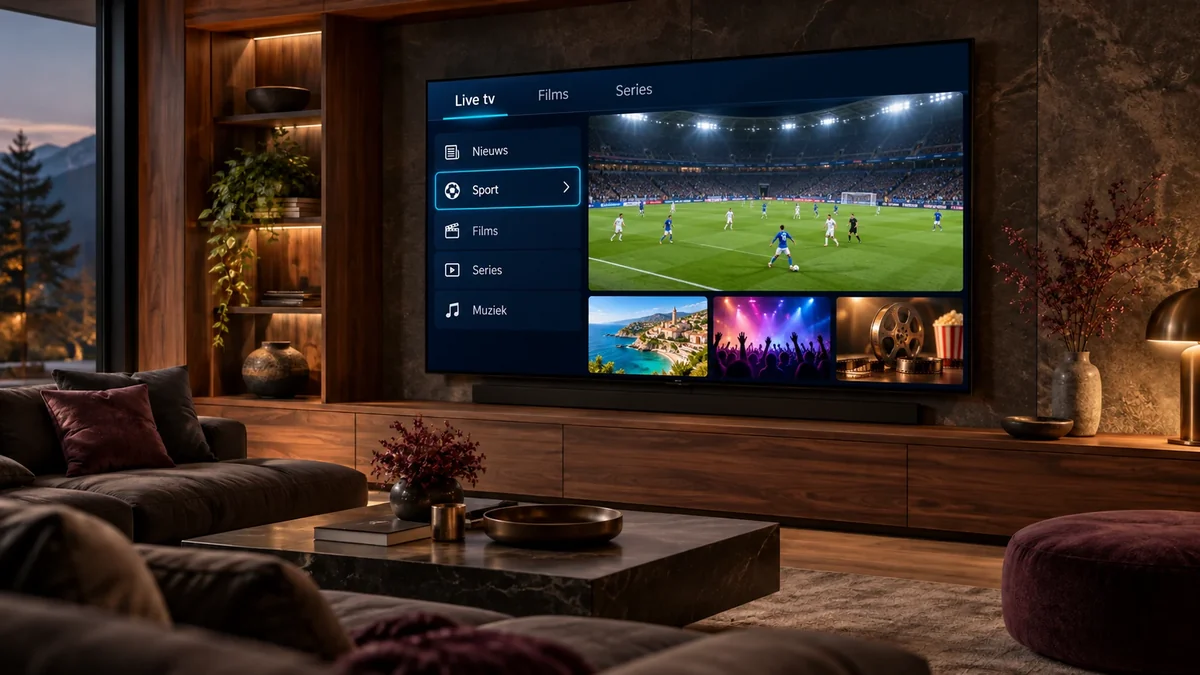 Illustratie van een moderne woonkamer met een televisie waarop een sportinterface en een voetbalwedstrijd te zien zijn.