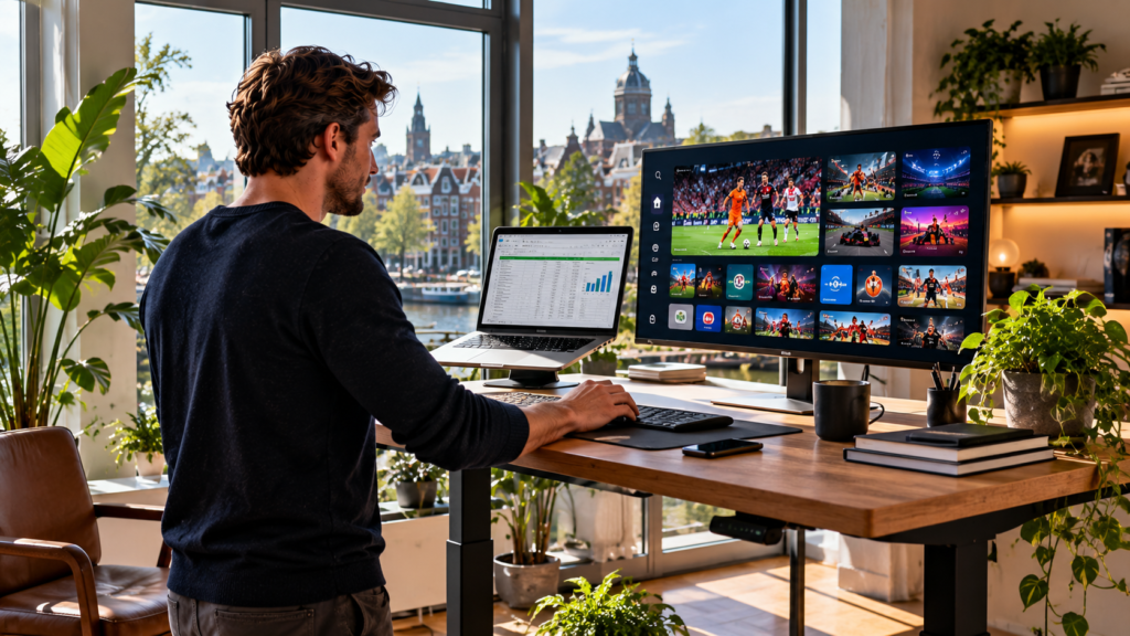 Man thuis achter bureau kijkt IPTV abonnement op tweede scherm Nederland