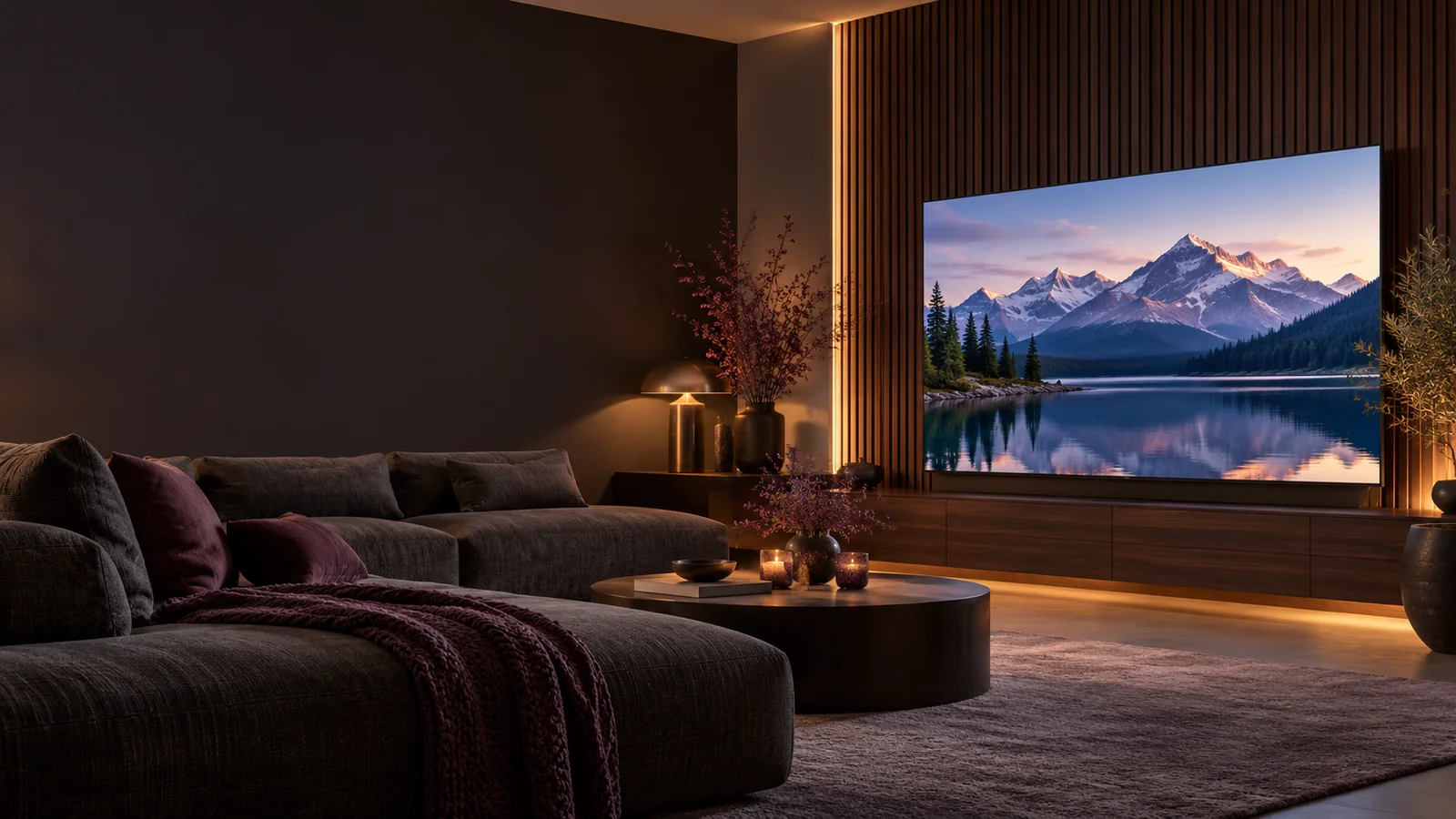 Moderne woonkamer met een bergmeer op het televisiescherm