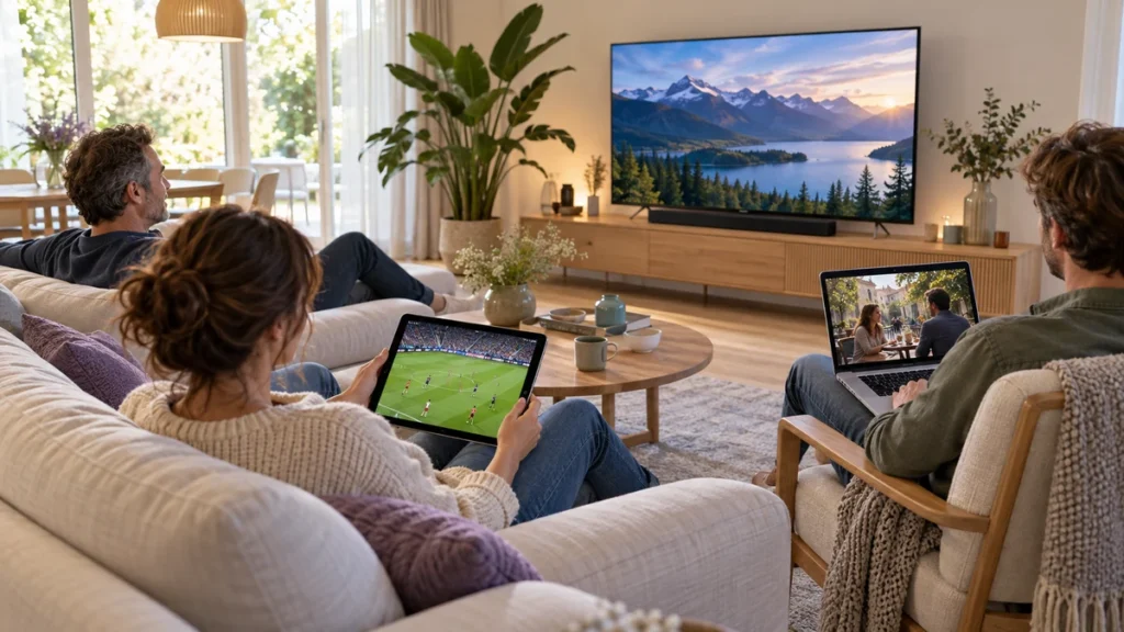 Drie volwassenen kijken in dezelfde woonkamer naar verschillende programma’s op een televisie, tablet en laptop.