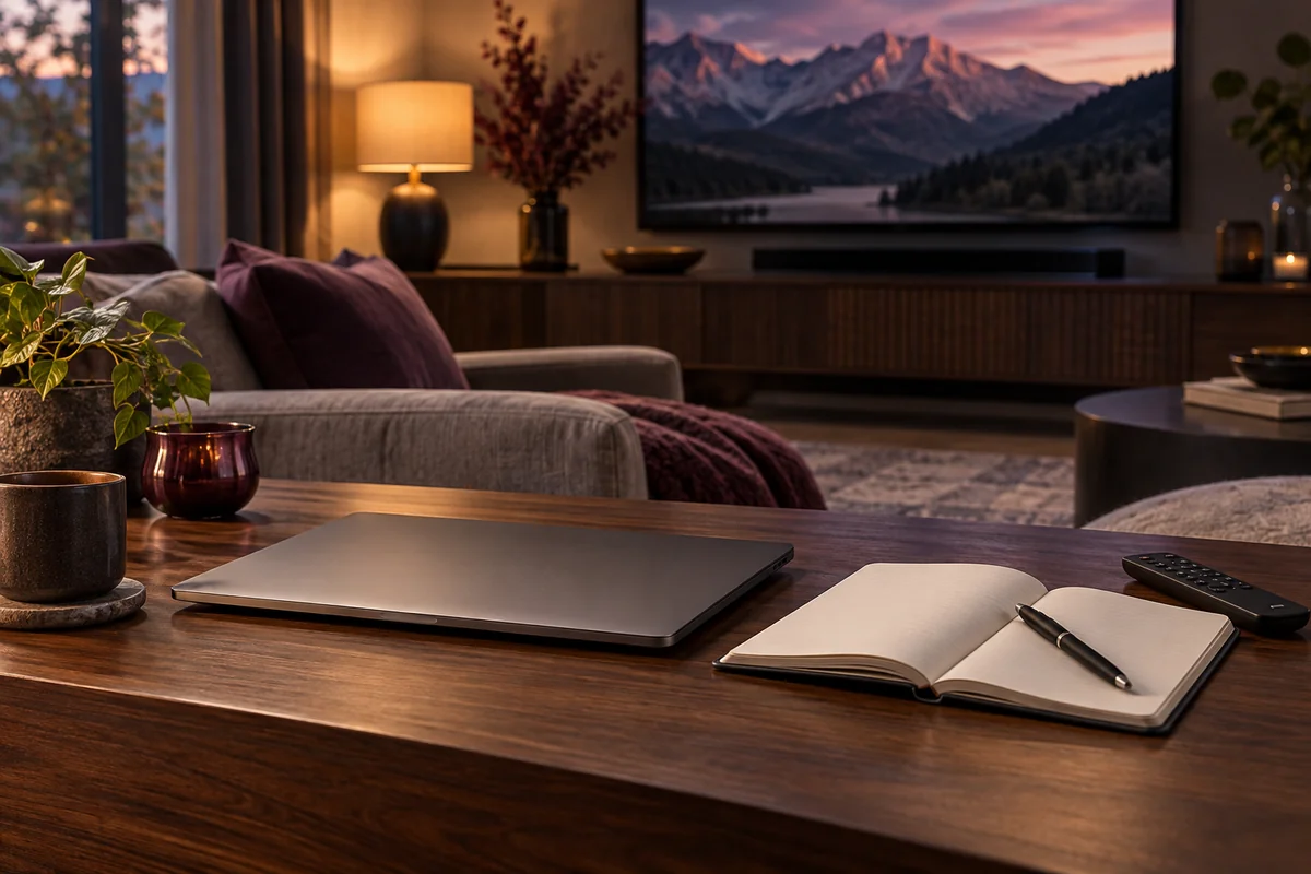 Gesloten laptop, notitieboek en afstandsbediening op een houten tafel in een sfeervolle woonkamer.