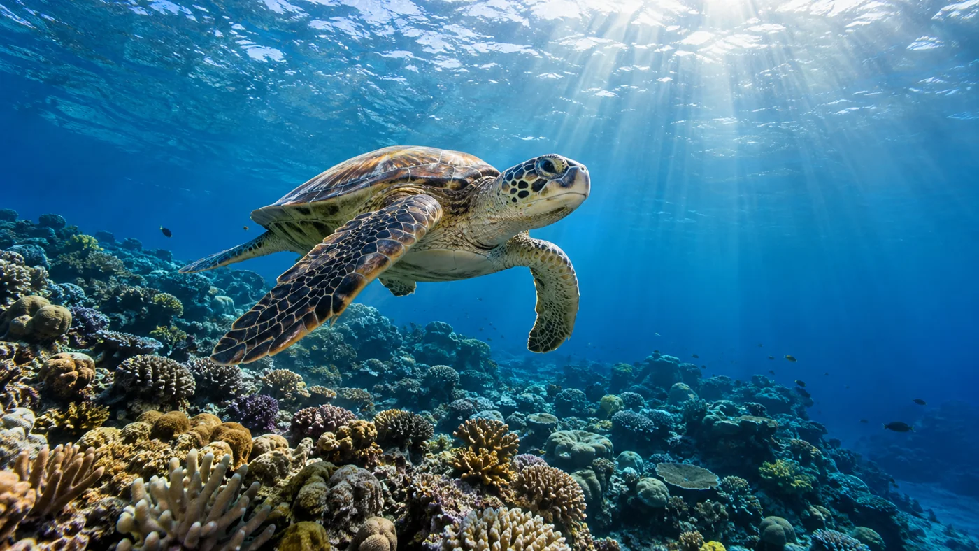 Zeeschildpad boven een kleurrijk koraalrif in helderblauw water.