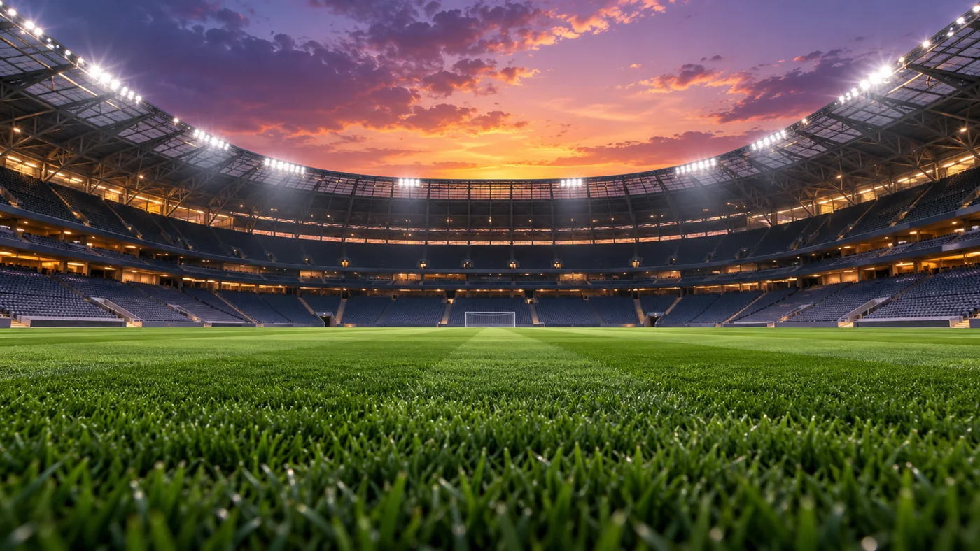 Verlicht voetbalstadion bij zonsondergang, gezien vanaf het grasveld.