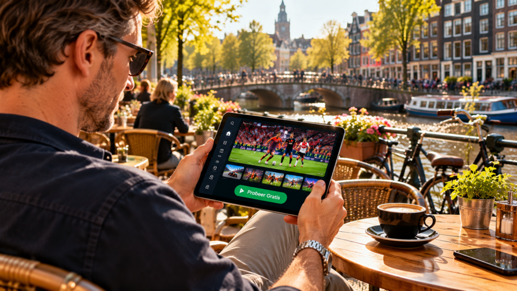 iptv kopen nederland man op terras amsterdam kijkt sport op tablet