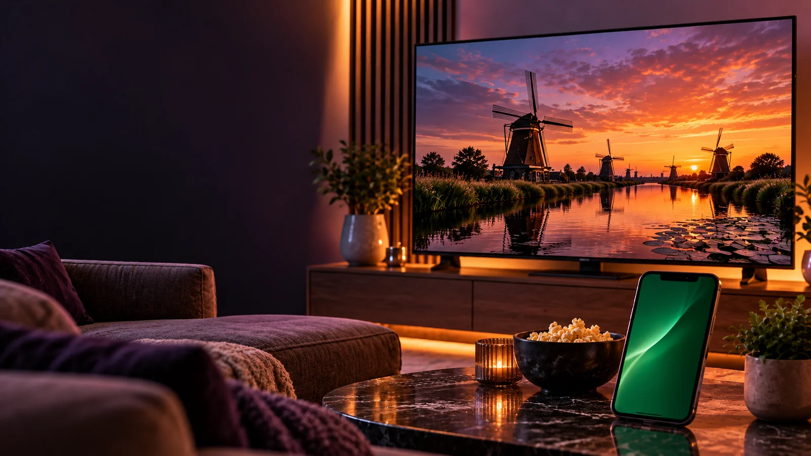Televisie met een Nederlands landschap en een smartphone in een moderne woonkamer