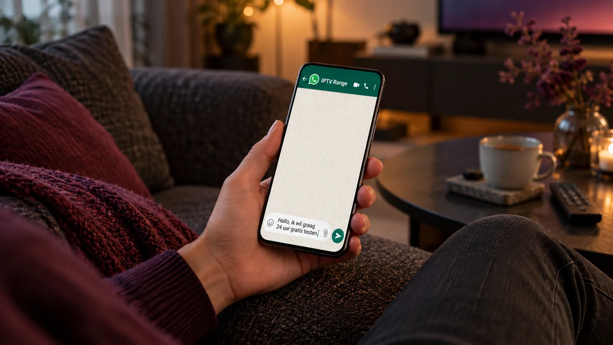 Illustratie van een smartphone met een WhatsApp-conceptbericht voor een gratis proefperiode van 24 uur bij IPTV Range.