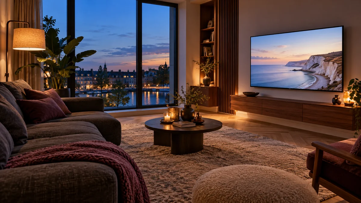 Sfeervolle woonkamer bij avondlicht met een kustlandschap op de televisie.