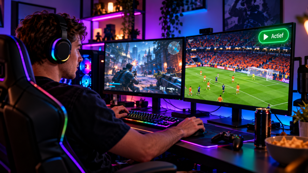 iptv provider nederland gaming setup met iptv stream op tweede monitor