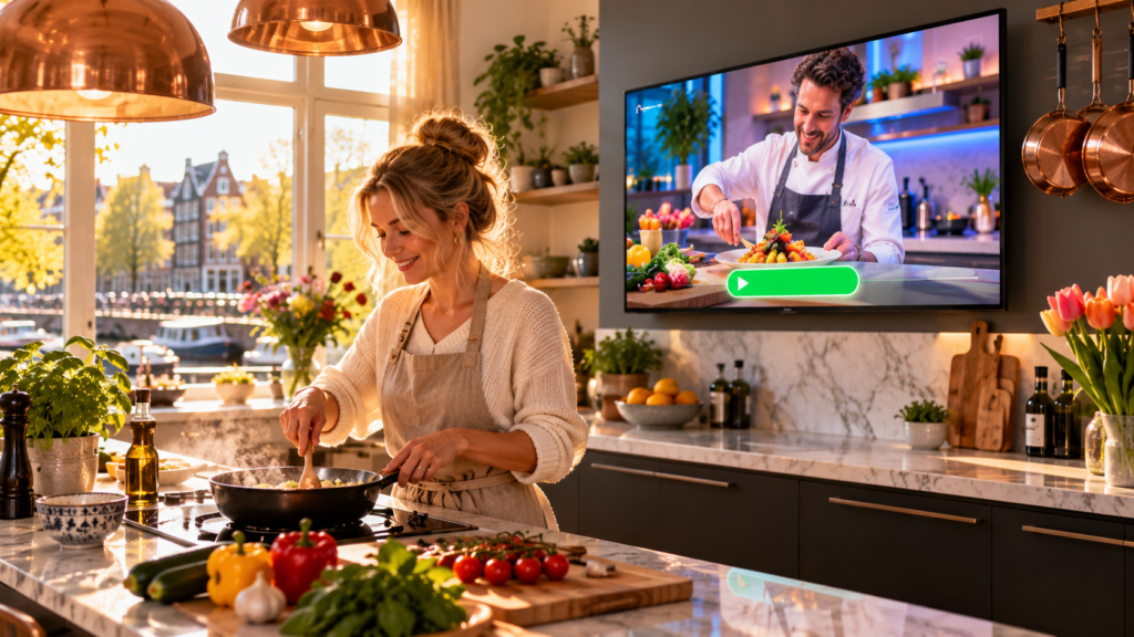 iptv provider nederland vrouw kijkt kookprogramma op smart tv in moderne keuken