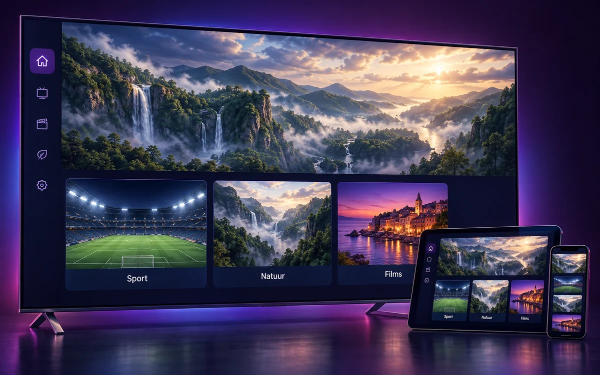 Illustratie van een televisie, tablet en smartphone met een voorbeeldinterface voor sport, natuur en films.