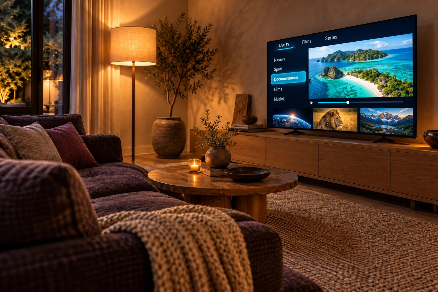 Illustratieve IPTV-interface met documentaires op een televisie in een gezellige woonkamer.